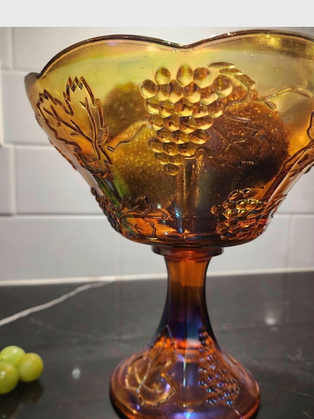 VTG Indiana Glass Marigold Carnival Glass Harvest Grape Pedestal Compote Bowl - Picture 2 of 3